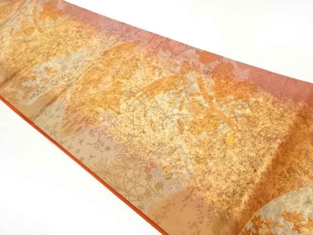 地紙に松・花鳥・荒波模様織出し袋帯